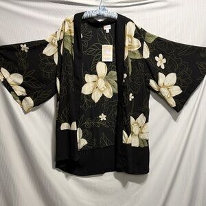 LuLaRoe Black Kimono like cardigan with White and Green Floral Design